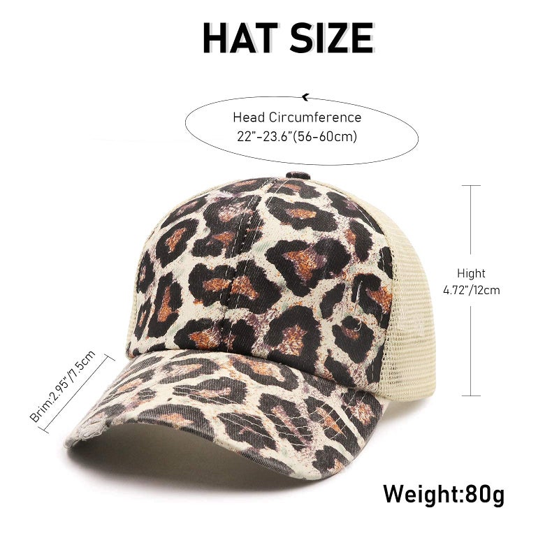 ProMindFun Womens Ponytail High Messy Bun Hats Distressed Baseball Caps Unconstructed Washed Dad Hat Girls Trucker Ponycaps (10-Brown Leopard) - Image 4